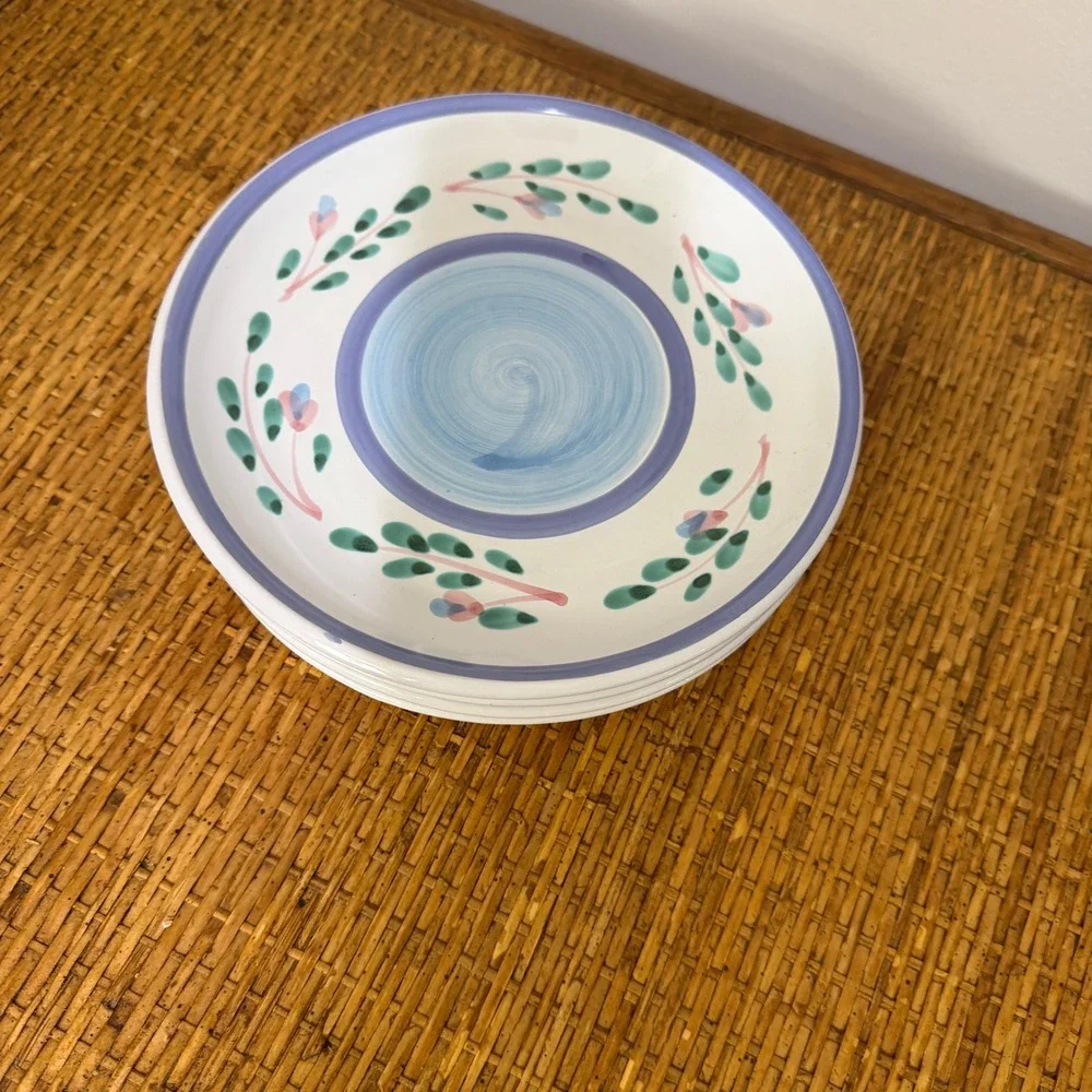 Caleca Blue Garland Hand Painted Italy Blue Floral Salad Plates Set of 4 ~8in